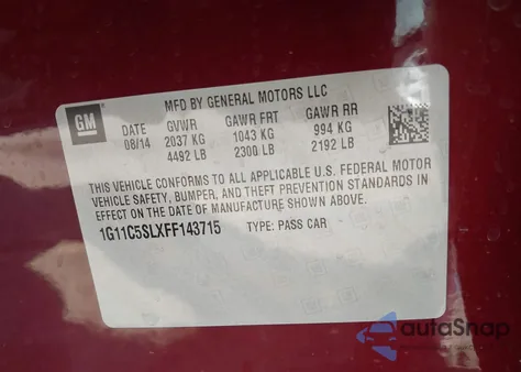 2015 Chevrolet Malibu 1Lt z USA, uszkodzony, nr VIN 1G11C5SLXFF143715